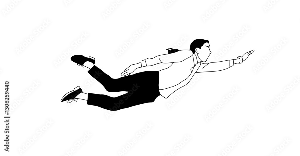 Fototapeta premium Business woman flying, floating, jumping in the air. Concept of freedom, development and aspirations. Young woman moving forward. Simple outline vector illustration isolated