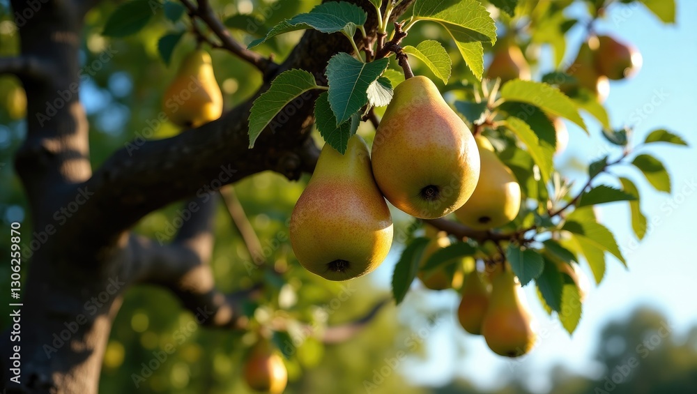 Pears on a garden tree (Scientific name: Pyrus communis). Close-up view of ripe fruit. Pears on a garden tree (Scientific name: Pyrus communis). Close-up view of ripe fruit.