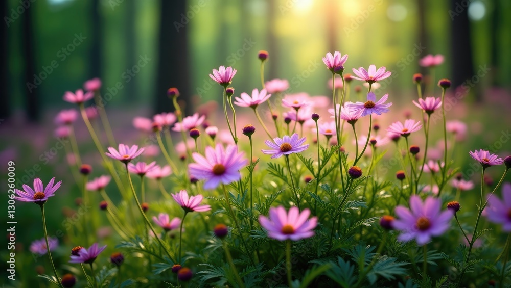 Obraz premium A close-up view of blooming purple cosmos bipinnatus flowers flourishing in the heart of a forest.