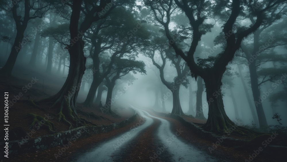 Obraz premium a serpentine path navigating through a dense forest with towering trees lining both sides.