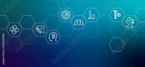 Engineering gradient header modern technology system maintenance development science construction industrial project innovation connection machine management repair work icon design illustration