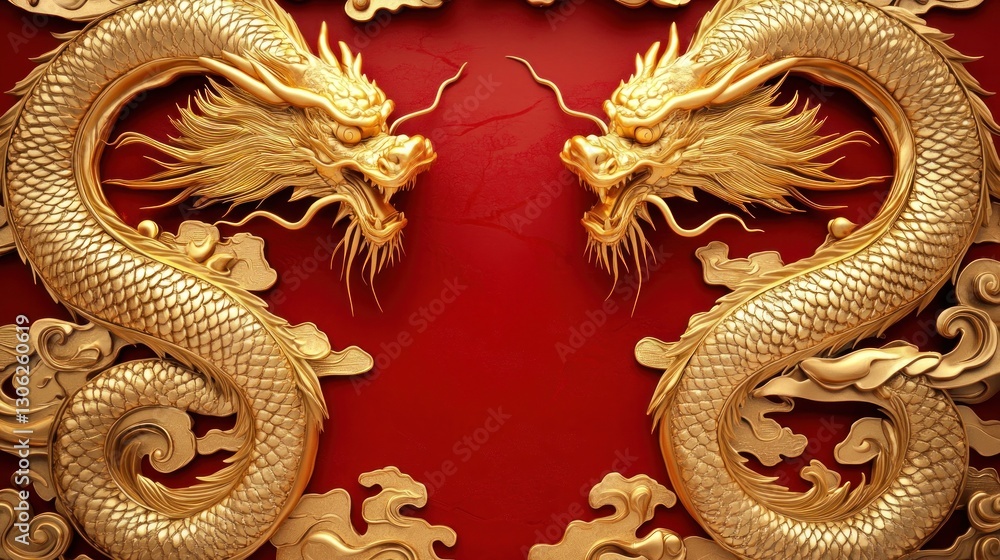 Obraz premium Golden Dragons Facing Each Other on Red Background