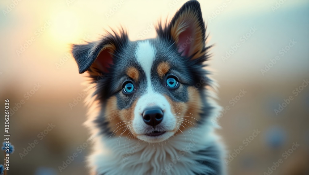 Miniature Australian Shepherd. Small grey and white Aussie featuring striking blue eyes. Miniature Australian Shepherd. Small grey and white Aussie featuring striking blue eyes.