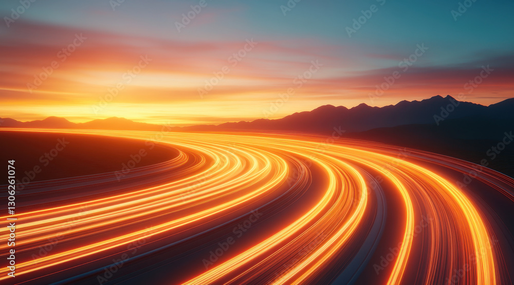 Fototapeta premium car driving on highway at sunset, with vibrant orange and yellow light trails creating dynamic scene. mountains in background enhance beauty of landscape