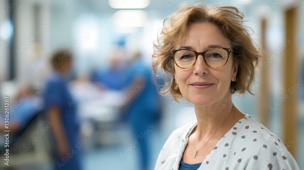 Fototapeta premium A portrait of a mature European woman in a nurse's uniform, smiling confidently while working in a busy hospital environment, showcasing compassion and professionalism.