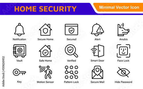Home Security Icon Set. A comprehensive collection of icons focused on safety and protection, perfect for enhancing security apps, websites, and marketing materials aimed at home safety solutions.