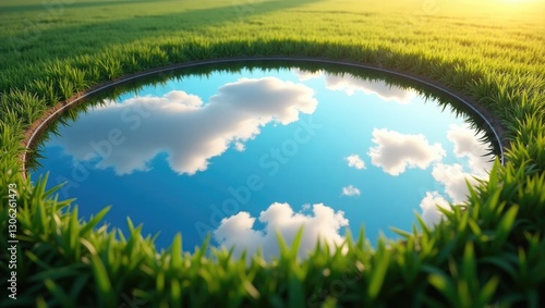 Fototapeta Naklejka Na Ścianę i Meble -  Reflection of the sky and clouds in a circular mirror set in the grass.