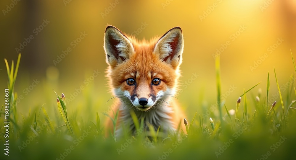Fototapeta premium Intimate shot of a fox pup amidst greenery