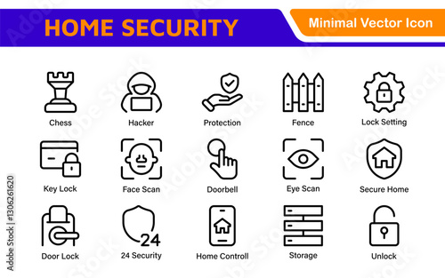 Home Security Icon Set. A comprehensive collection of icons focused on safety and protection, perfect for enhancing security apps, websites, and marketing materials aimed at home safety solutions.