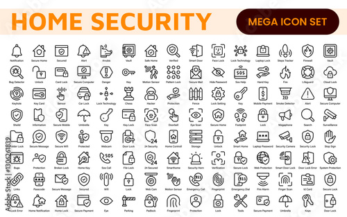 Home Security Icon Set. A comprehensive collection of icons focused on safety and protection, perfect for enhancing security apps, websites, and marketing materials aimed at home safety solutions.