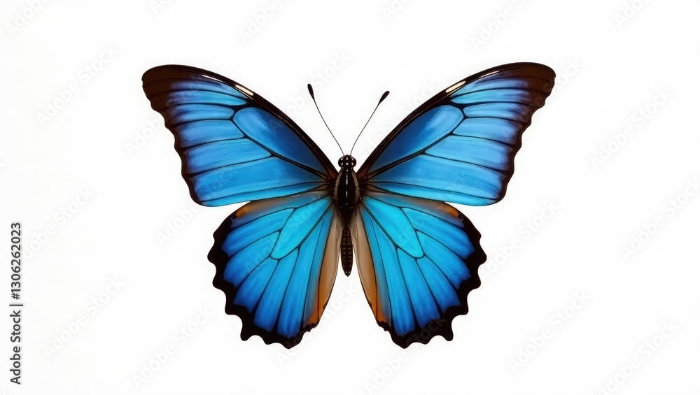 Striking blue butterfly, prominently displayed against a white background. Swallowtail butterfly featuring blue hues. Striking blue butterfly, prominently displayed against a white background. Swallowtail butterfly featuring blue hues.