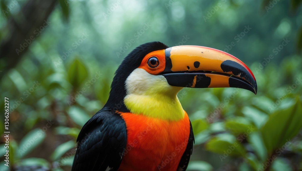 Naklejka premium Detailed view of a Toco Toucan in its natural environment, Pantanal Wetlands, Mato Grosso, Brazil