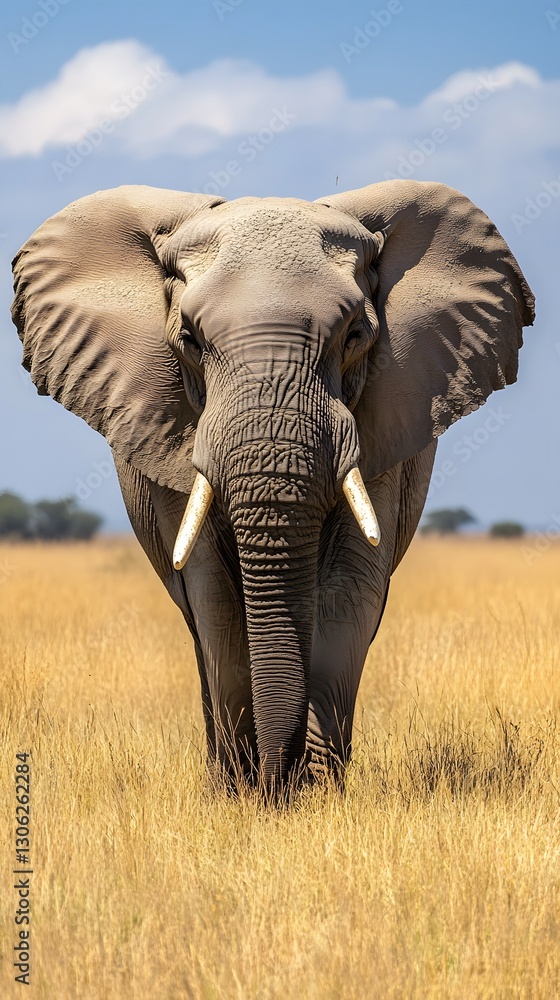Fototapeta premium 57. A large elephant walking across the savanna, showing survival through strength, intelligence, and social structures