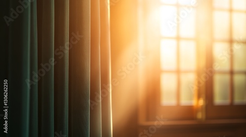 Elegant green velvet curtains are gracefully gathered, allowing golden tiebacks to showcase natural light flooding through a beautifully designed window