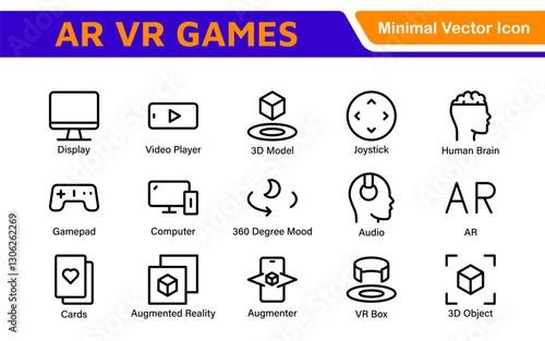 AR VR Games Icons Collection. Vector-Based Icons for Virtual Reality, Augmented Reality, Gaming, and Immersive Tech