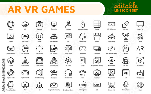 AR VR Games Icons Collection. Vector-Based Icons for Virtual Reality, Augmented Reality, Gaming, and Immersive Tech