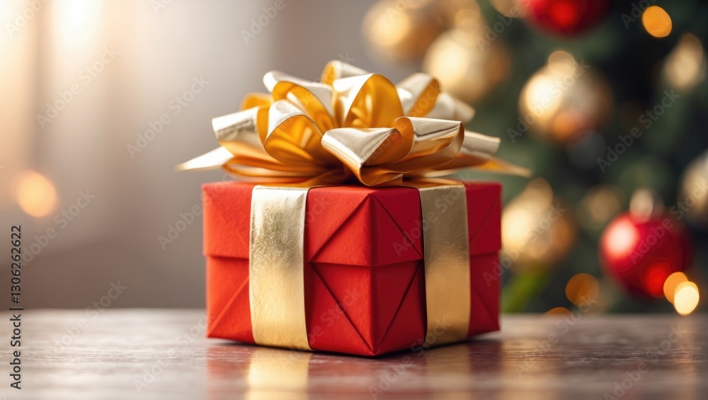 Holiday gift box adorned with a gold ribbon and red accents Holiday gift box adorned with a gold ribbon and red accents