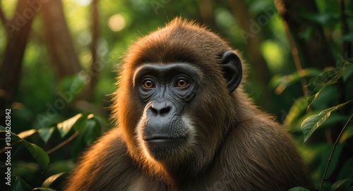 Intimate Close-Up of a Bonobo with a Green Natural Backdrop in Its Habitat. Bonobo (Pan paniscus) from the Democratic Republic of Congo, Africa. photo