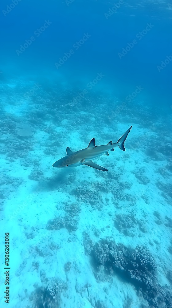 Fototapeta premium 63. A shark swimming gracefully in the open ocean, illustrating survival through predation and the marine food chain