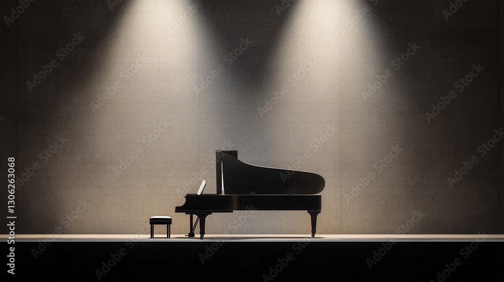 Obraz premium Elegant Grand Piano on Stage Under Dramatic Spotlight Lighting