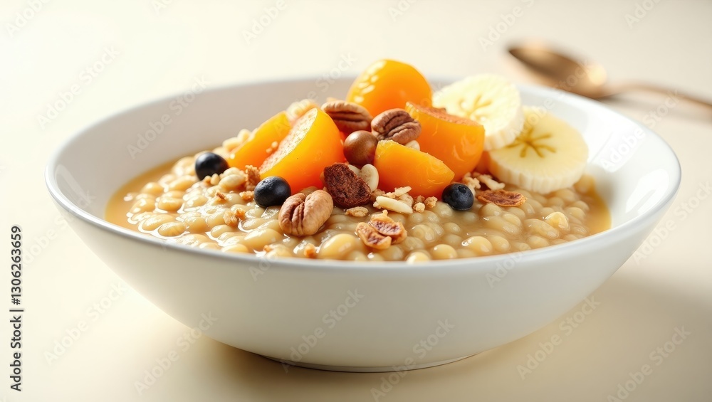 Tasty oatmeal bowl topped with dried fruits, nuts, fresh banana, and a drizzle of honey, perfect for a healthy breakfast. Tasty oatmeal bowl topped with dried fruits, nuts, fresh banana, and a drizzle of honey, perfect for a healthy breakfast.