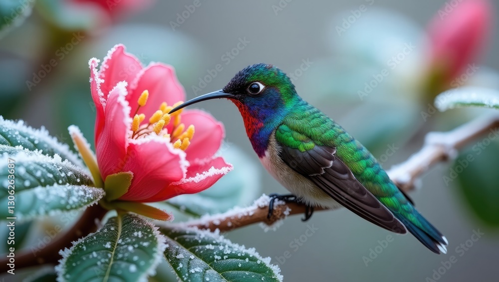 Fototapeta premium A hummingbird rests on a rhododendron bud during winter, with frost covering the green leaves.