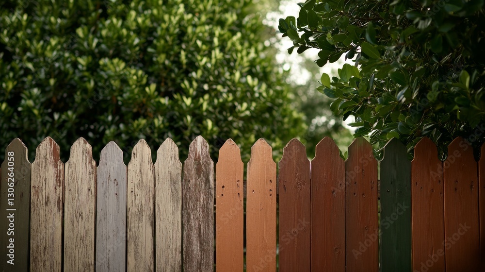 Faded colors of a charming picket fence create a rustic atmosphere, surrounded by vibrant green leaves, offering a peaceful outdoor space with ample copy area Faded colors of a charming picket fence create a rustic atmosphere, surrounded by vibrant green leaves, offering a peaceful outdoor space with ample copy area
