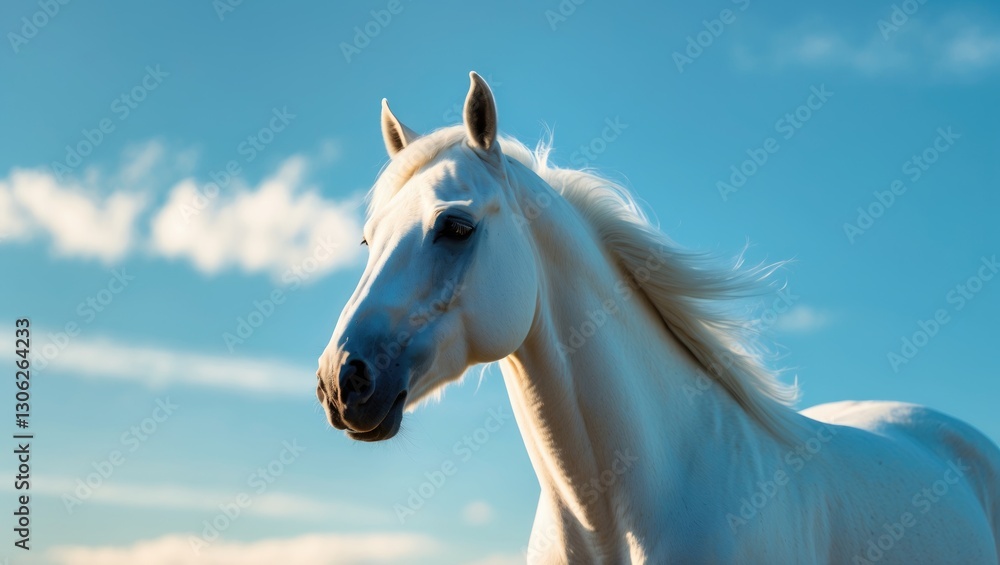 Elegant white stallion in close-up against a clear blue sky Elegant white stallion in close-up against a clear blue sky