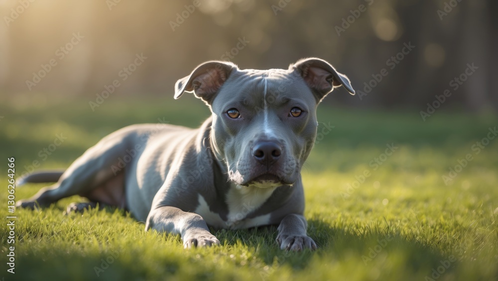 Blue American Pitbull Terrier enjoying the sunshine, 5 years old, affectionate, calm, outdoor setting, rescued, blue coat, often misjudged, beloved, American Terrier, family-friendly, shelter pup. Blue American Pitbull Terrier enjoying the sunshine, 5 years old, affectionate, calm, outdoor setting, rescued, blue coat, often misjudged, beloved, American Terrier, family-friendly, shelter pup.