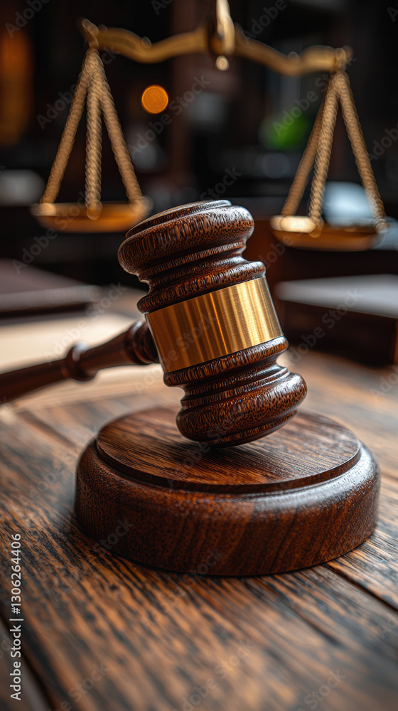 wooden gavel on wooden base with scales of justice in background, symbolizing law and fairness wooden gavel on wooden base with scales of justice in background, symbolizing law and fairness