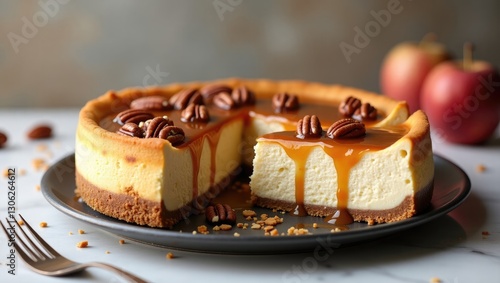 Caramel pecan cheesecake topped with sauce, showcasing a slice removed