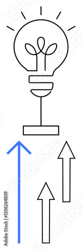 Lightbulb containing plant elements radiates light, grounded by a stand with three upward arrows. Ideal for growth, innovation, eco-consciousness, energy efficiency, progress, green energy