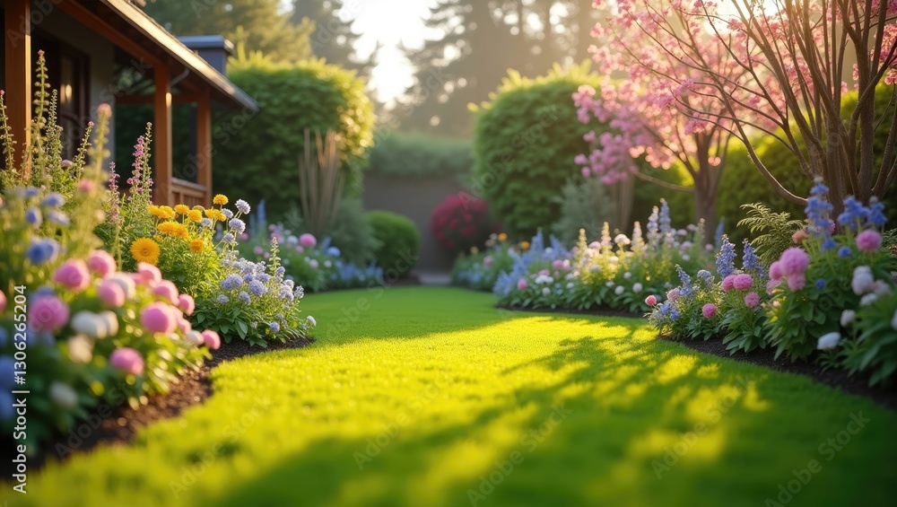 Springtime Backyard: A beautifully landscaped garden featuring a mix of tall and short plants with vibrant flowers, highlighted by a lush, manicured lawn at its center, all illuminated by the morni... Springtime Backyard: A beautifully landscaped garden featuring a mix of tall and short plants with vibrant flowers, highlighted by a lush, manicured lawn at its center, all illuminated by the morni...