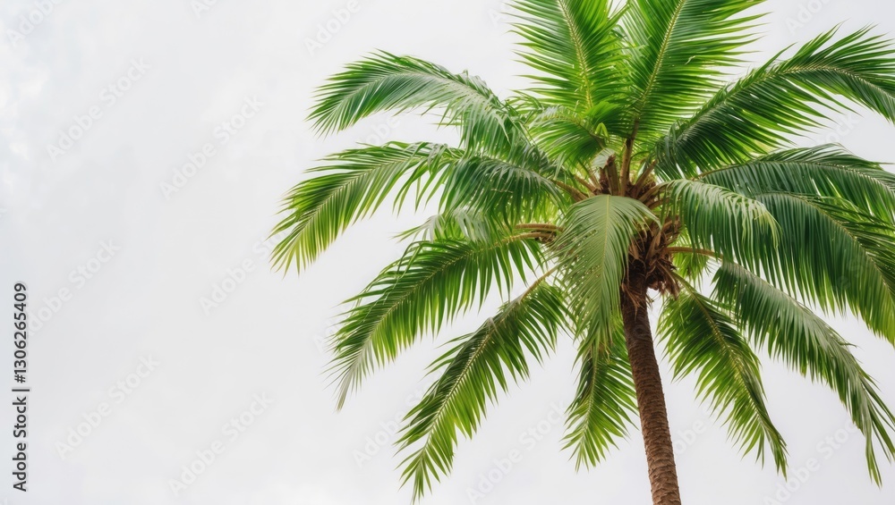 Naklejka premium Vibrant green palm tree standing alone against a white backdrop