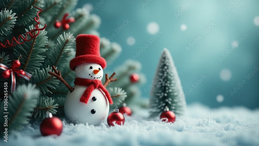 Decorative spruce limbs, a Christmas tree ornament, bows, and spiral decorations are displayed on a blue-gray backdrop alongside a hat-wearing toy snowman. Decorative spruce limbs, a Christmas tree ornament, bows, and spiral decorations are displayed on a blue-gray backdrop alongside a hat-wearing toy snowman.