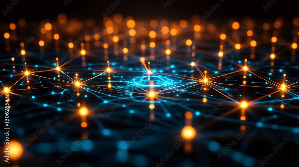 Fototapeta premium Glowing Network Nodes Shine Brightly Deep Blue Abstract Background. AI Generated