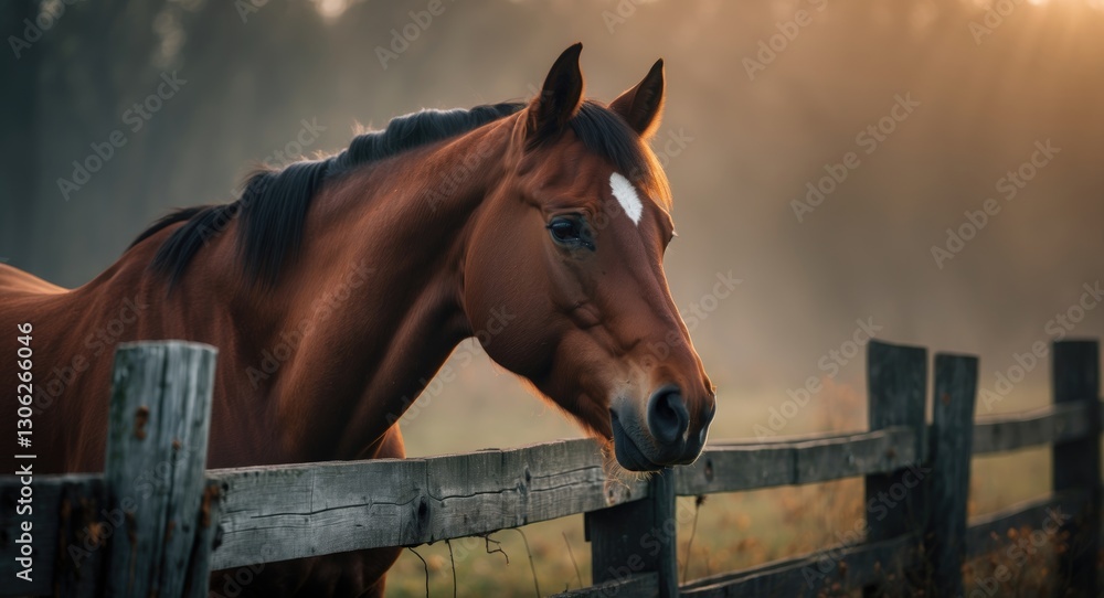 Fototapeta premium Majestic chestnut horse by a wooden barrier