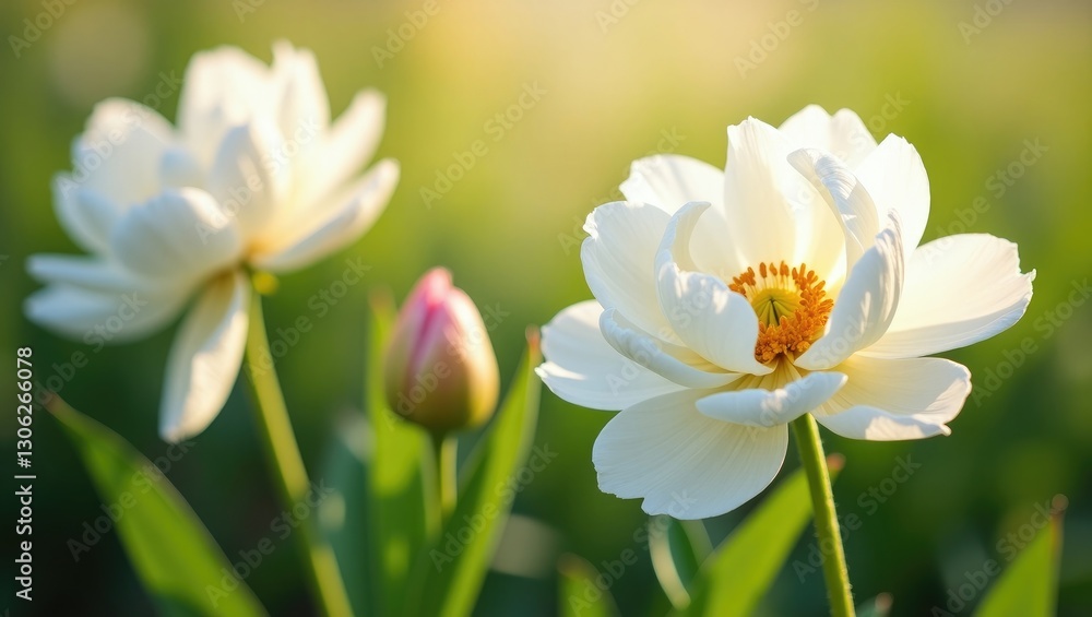 Detailed view of white peony blossoms in a garden setting. Detailed view of white peony blossoms in a garden setting.