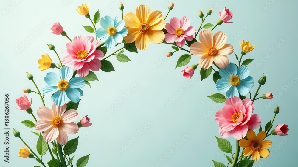 Fototapeta premium Pastel Flower Arrangement A Delicate Floral Arch of Soft Hues on a Light Blue Background