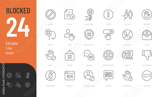 Blocked Line Editable Icons set. Vector illustration in modern thin line style of prohibitory signs related icons: objection, deny, refuse, and more.
