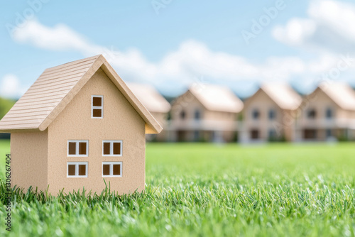 Wallpaper Mural small wooden house model on green grass with blurred houses in background Torontodigital.ca
