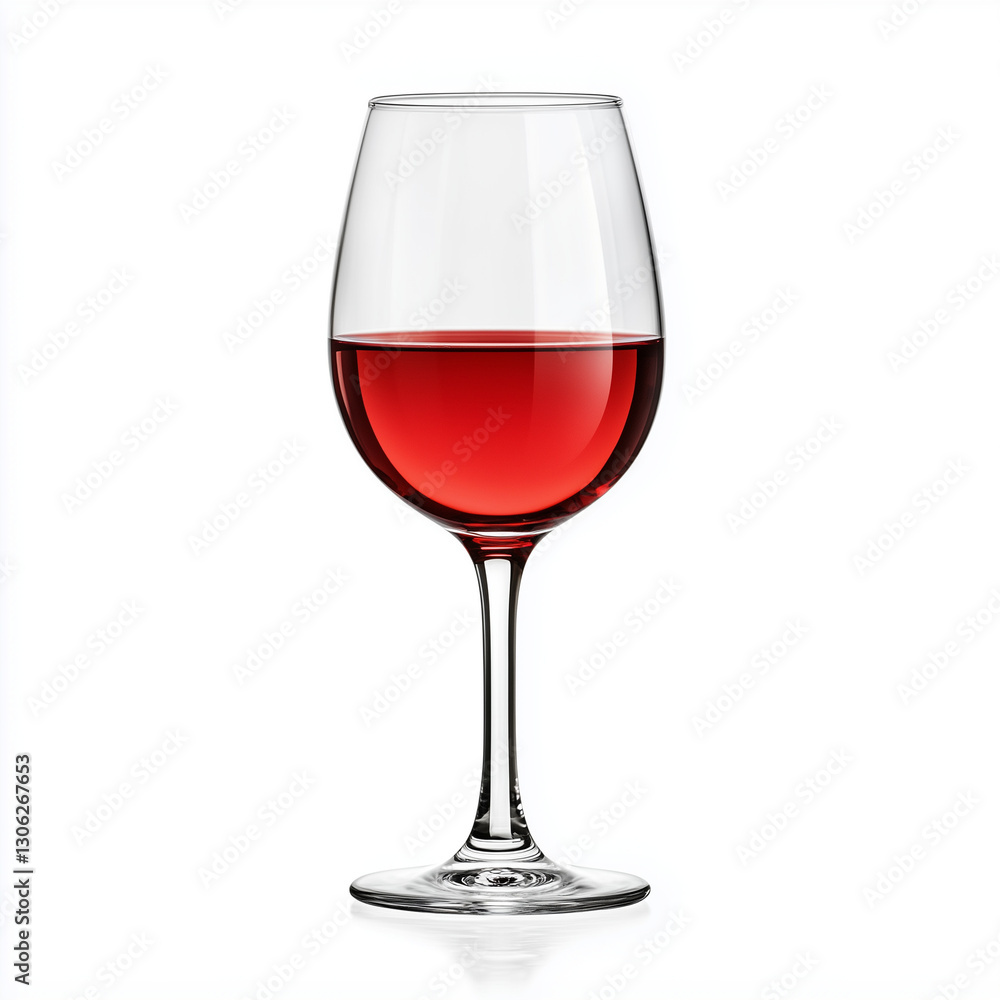 A tall crystal wine glass filled with deep red wine on white background A tall crystal wine glass filled with deep red wine on white background
