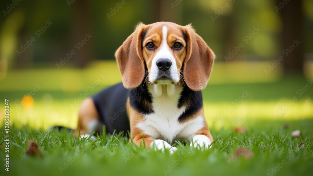 Beagle resting on the lush green grass in the park. Beagle resting on the lush green grass in the park.