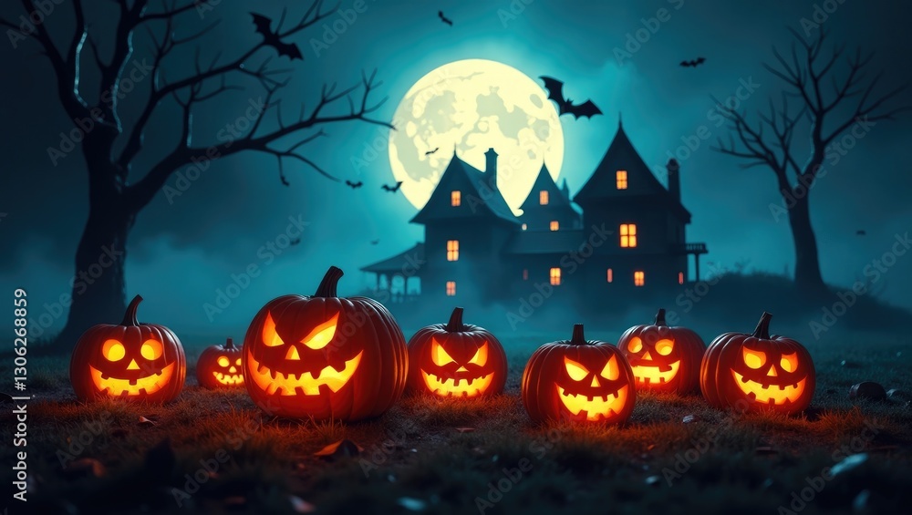 Charming illustrated depiction of an Enchanting Halloween Landscape featuring Glowing Jack o' Lanterns, Spooky Houses, Fog, Bats, and a Full Moon. Charming illustrated depiction of an Enchanting Halloween Landscape featuring Glowing Jack o' Lanterns, Spooky Houses, Fog, Bats, and a Full Moon.