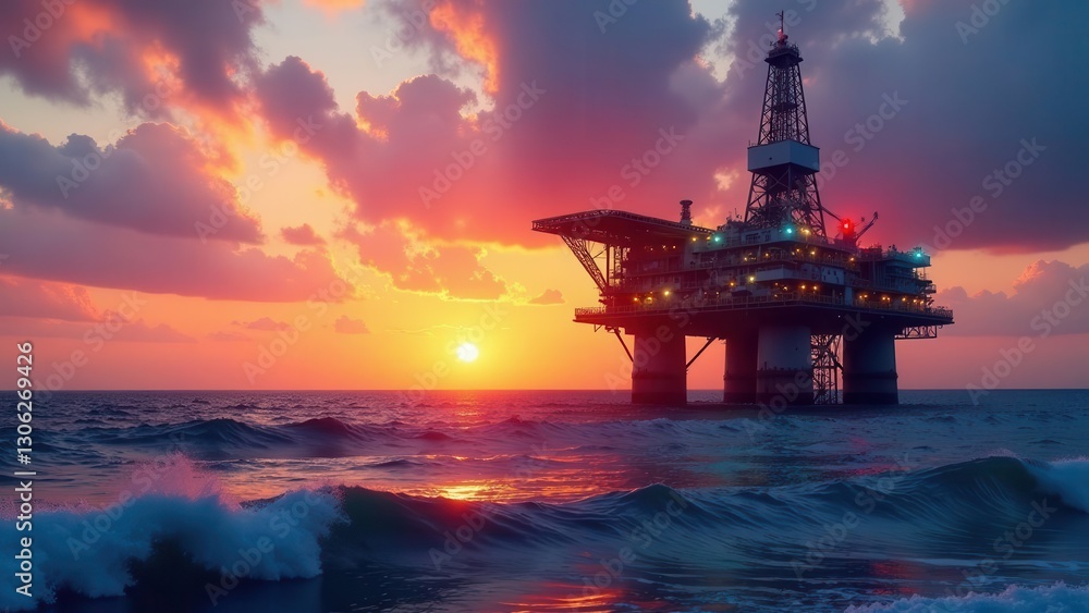 Offshore Platform at Sunset A Dramatic Seascape of Industry and Nature's Beauty Offshore Platform at Sunset A Dramatic Seascape of Industry and Nature's Beauty