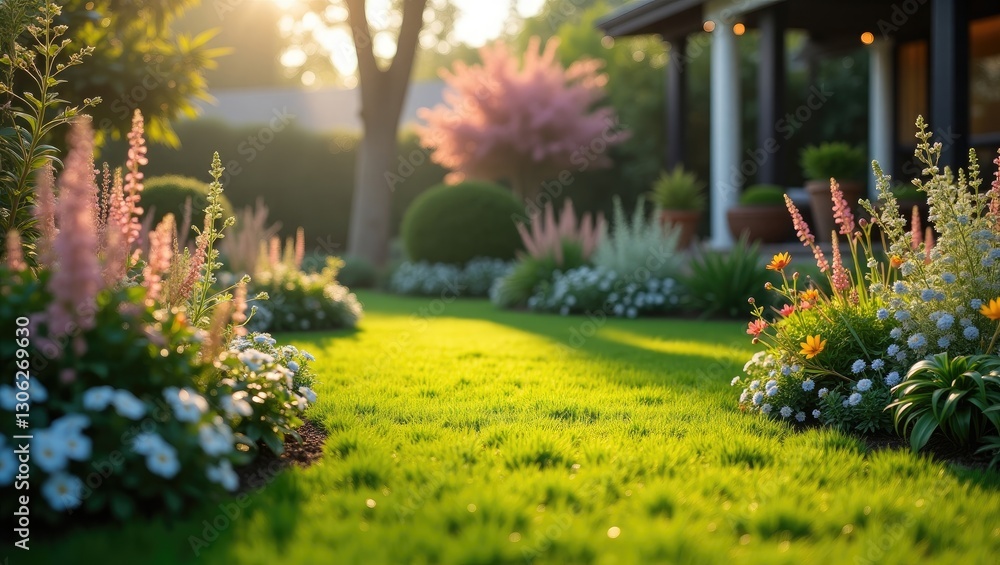 Obraz premium Springtime backyard scene featuring a landscaped garden with a mix of tall and short plants and flowers, centered around a rounded green lawn that is lush and manicured, illuminated by the morning ...