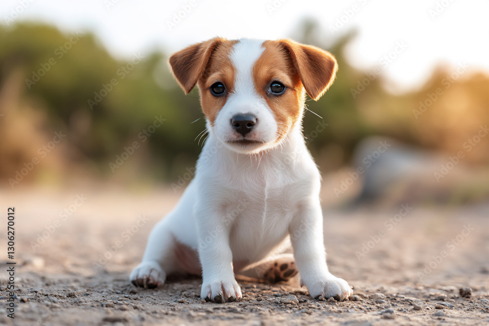 a small jack russell terrier puppy sits on the ground in an open forest cl a small jack russell terrier puppy sits on the ground in an open forest cl