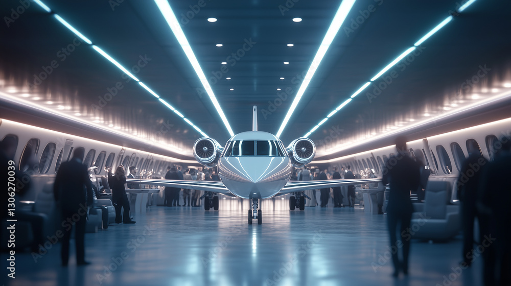 Fototapeta premium Luxury Aviation Hub: Captivating front view of a sleek private jet in a modern hangar.
