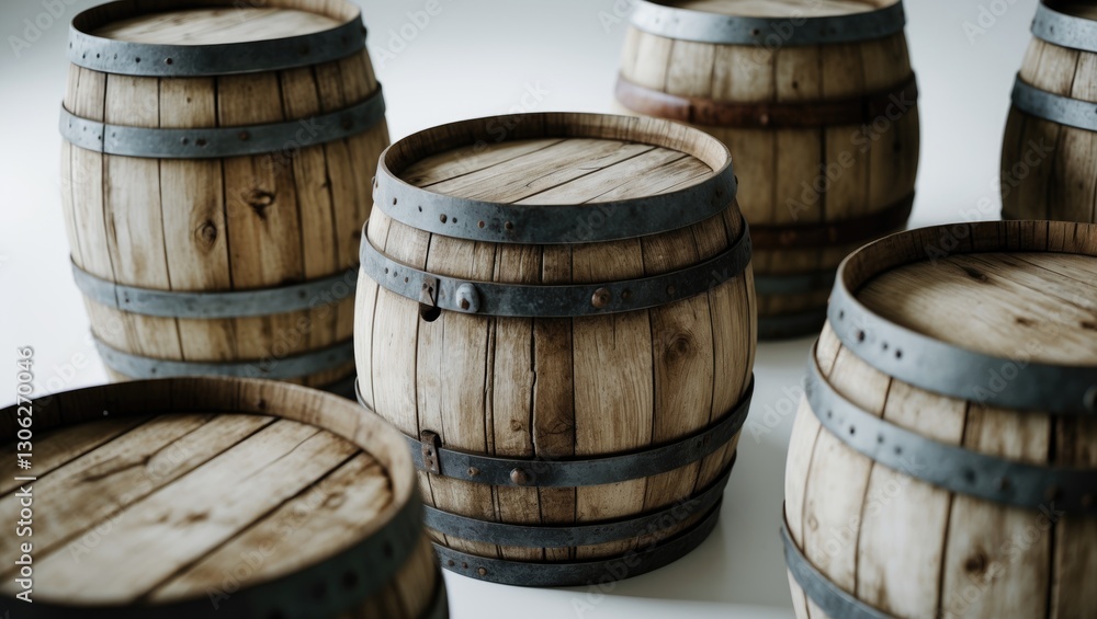 Wooden barrels set against a white background Wooden barrels set against a white background