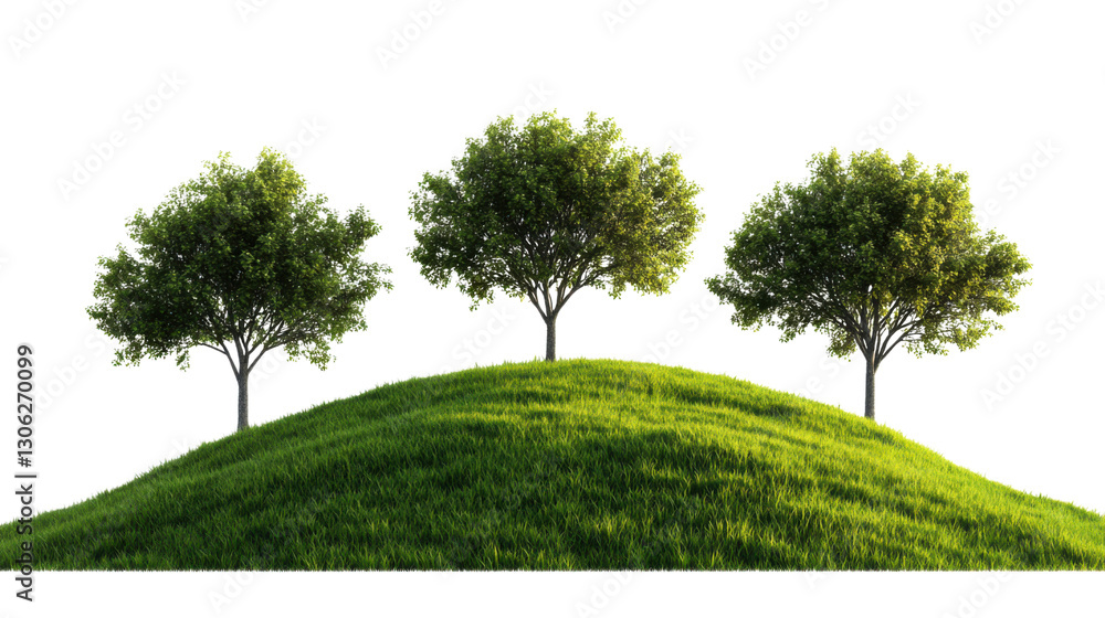 Fototapeta premium three lush tree on green hill isolated on white background